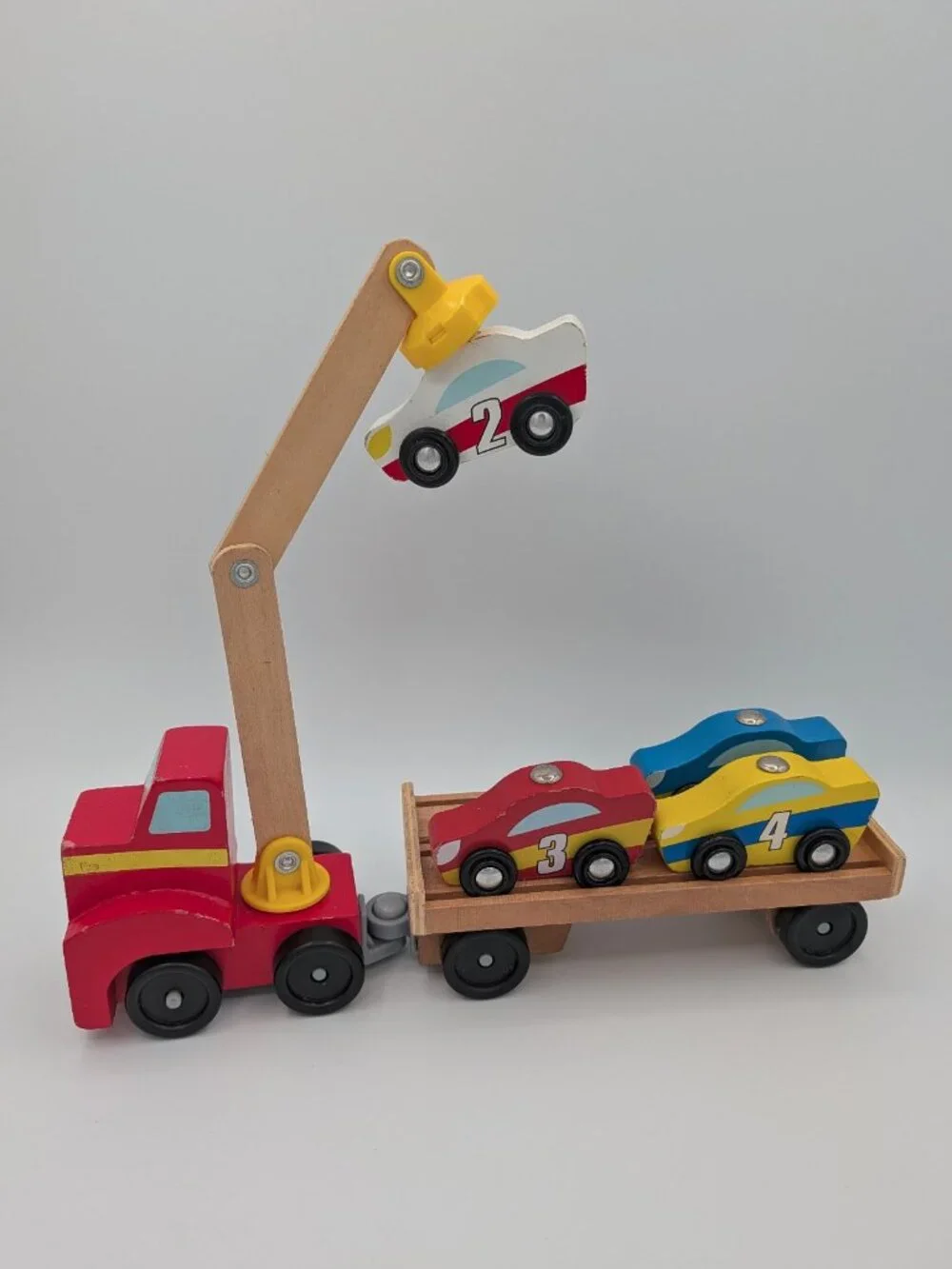 Wooden Car Loader Toy Semi Truck Trailer Melissa & Doug Magnetic Crane 9390